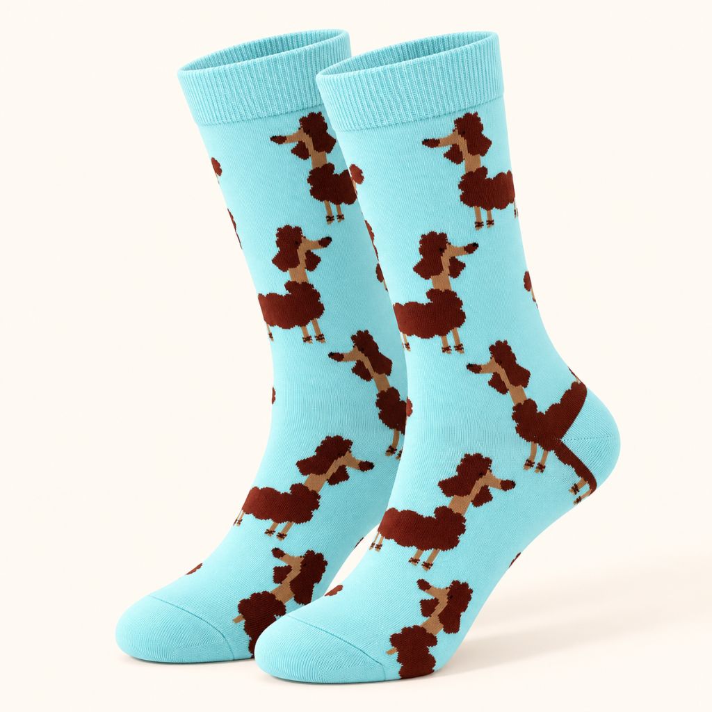 A pair of light blue crew socks with an all-over pattern of brown poodle silhouettes, shown against a plain off-white background.